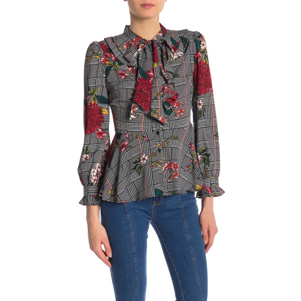 NWT Why Dress Floral Plaid Ruffle Blouse